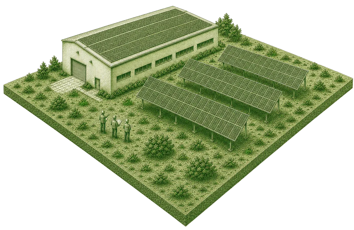 Impianto fotovoltaico su tetto e a terra accanto a un capannone aziendale, servizio TERA per progettazione e installazione